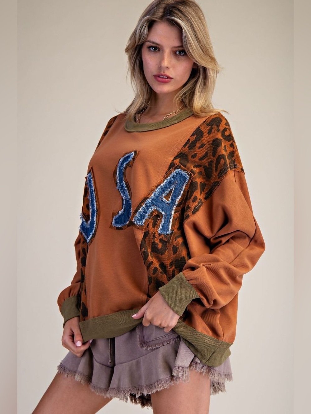 A1 New Easel Rust Leopard Panel Sweatshirt